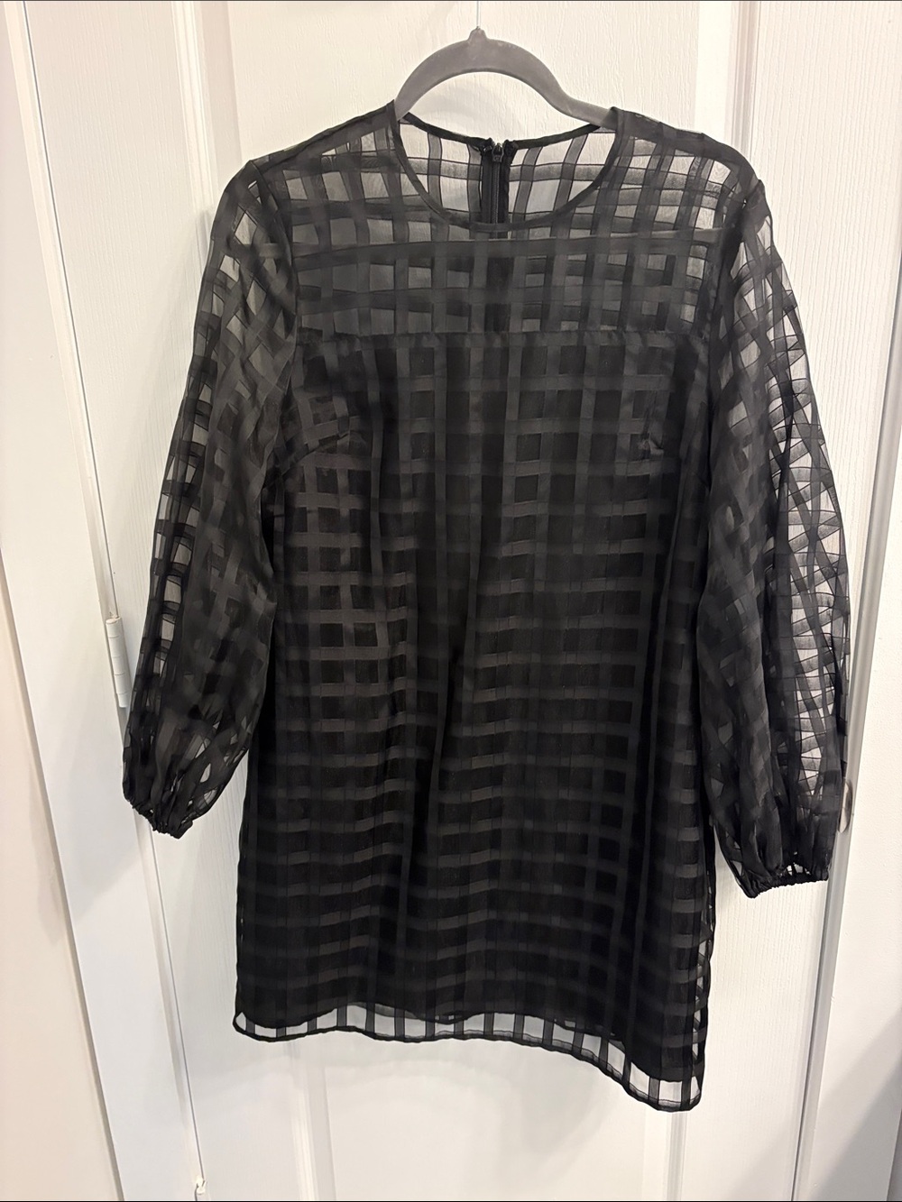 Tuckernuck Black Sheer Check Mini Dress with Balloon Sleeves